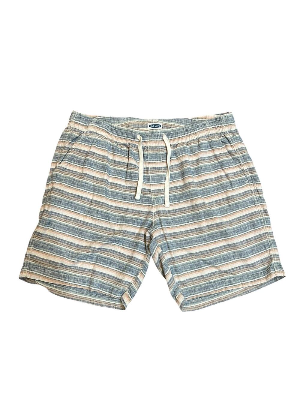 Old Navy Men’s Cotton Linen Blend Striped Shorts Large Blue Tan Beach Casual Dra